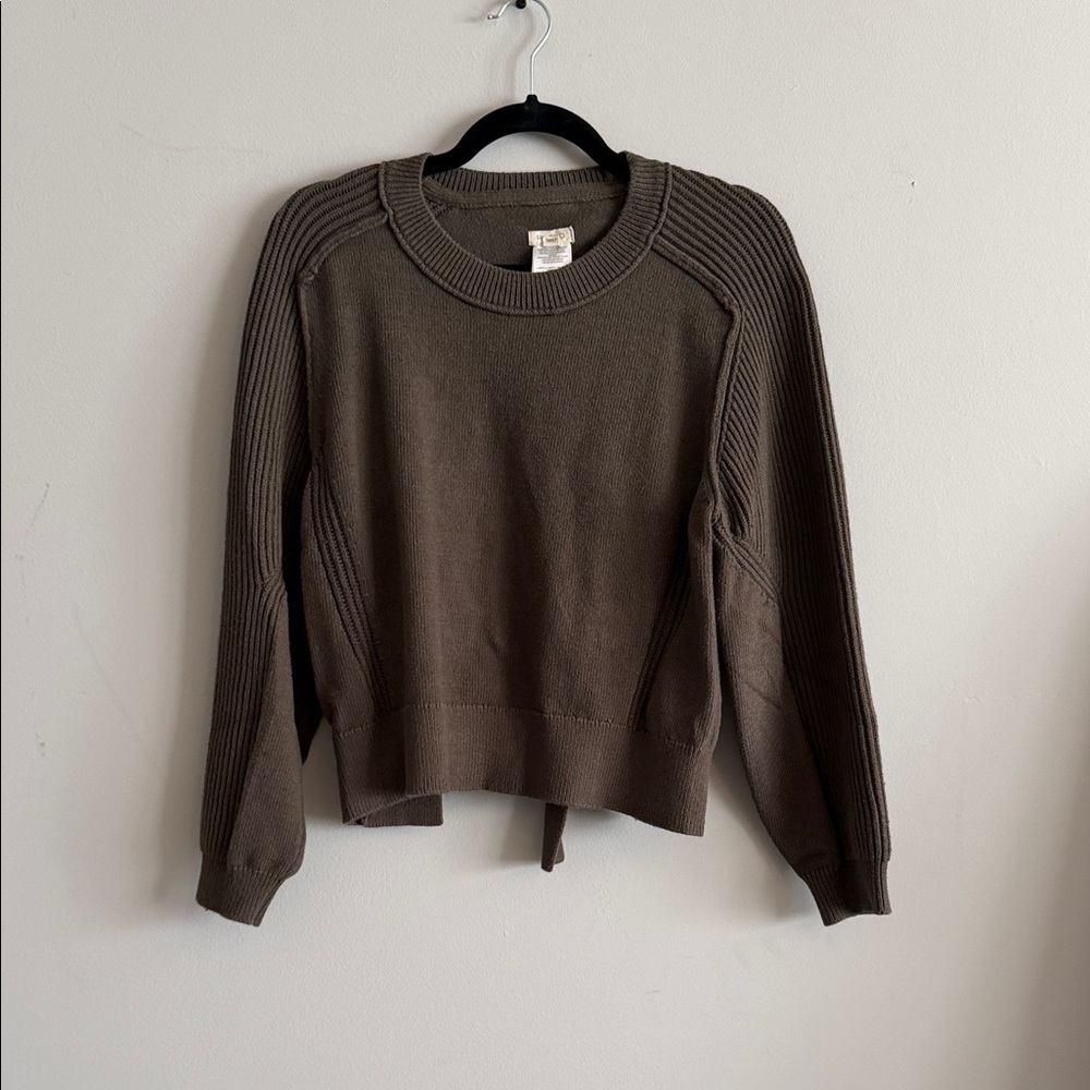 Pilcro Olive Crewneck Ribbed-Sleeve Sweater